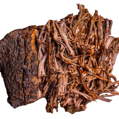 Bbq,Pulled,Pork,Meat,On,Plate.,Isolated,,White,Background